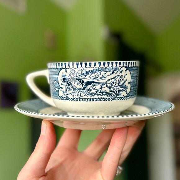 Other - Colonial Stagecoach + Wheat Gathering Blue Pattern Cup + Saucer